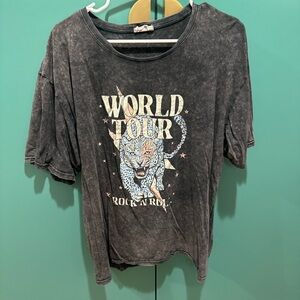 Vintage Acid Wash ‘World Tour’ Tee – Distressed, Bold Graphic, Size L